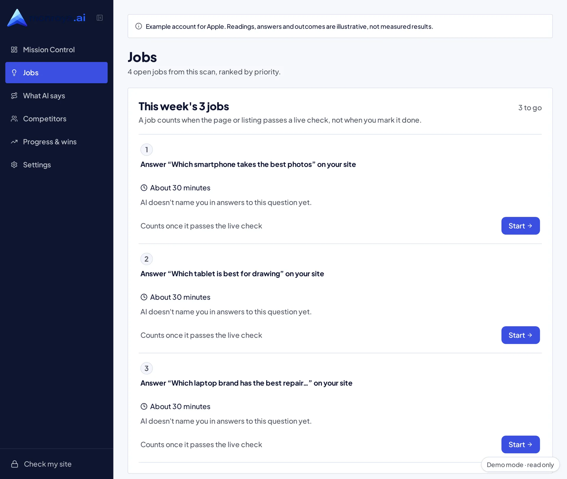 Apple demo Jobs page listing ranked moves with drafts ready to review.